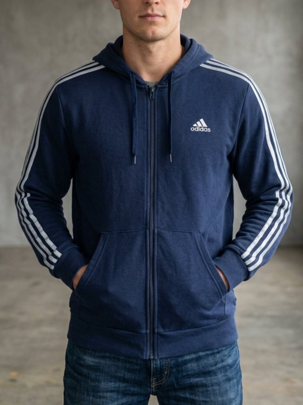 Adidas 3 Stripe Blue Hooded Hoodie Full Zip Cotton Blend Track Jacket Men's L